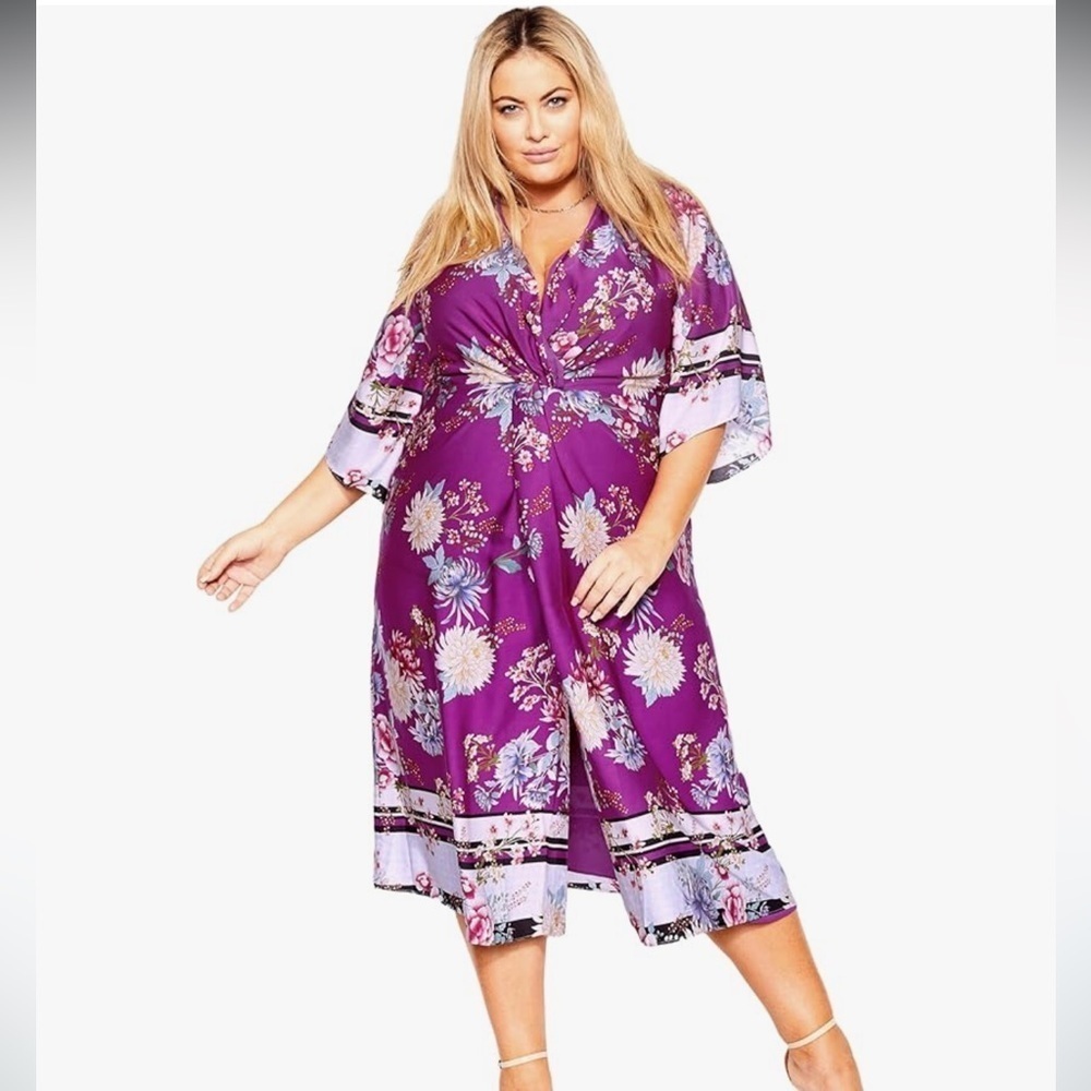 City Chic Linda Floral Faux-Wrap Shift Purple In Seafoam Festival Dress Size 20